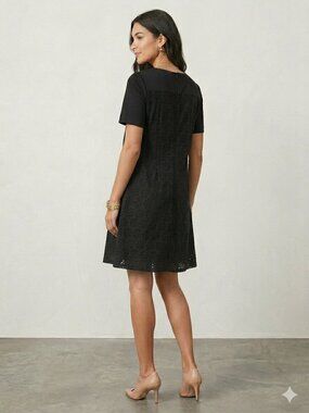 Ann Taylor Black Short Sleeve Mixed Media Eyelet Back Shift Dress Size M